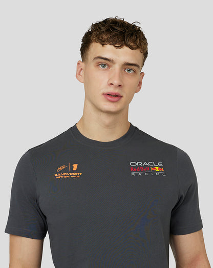 Front view of dark gray T-shirt with orange Zandvoort Netherlands logo on the left chest and Oracle Red Bull Racing logo on the right chest