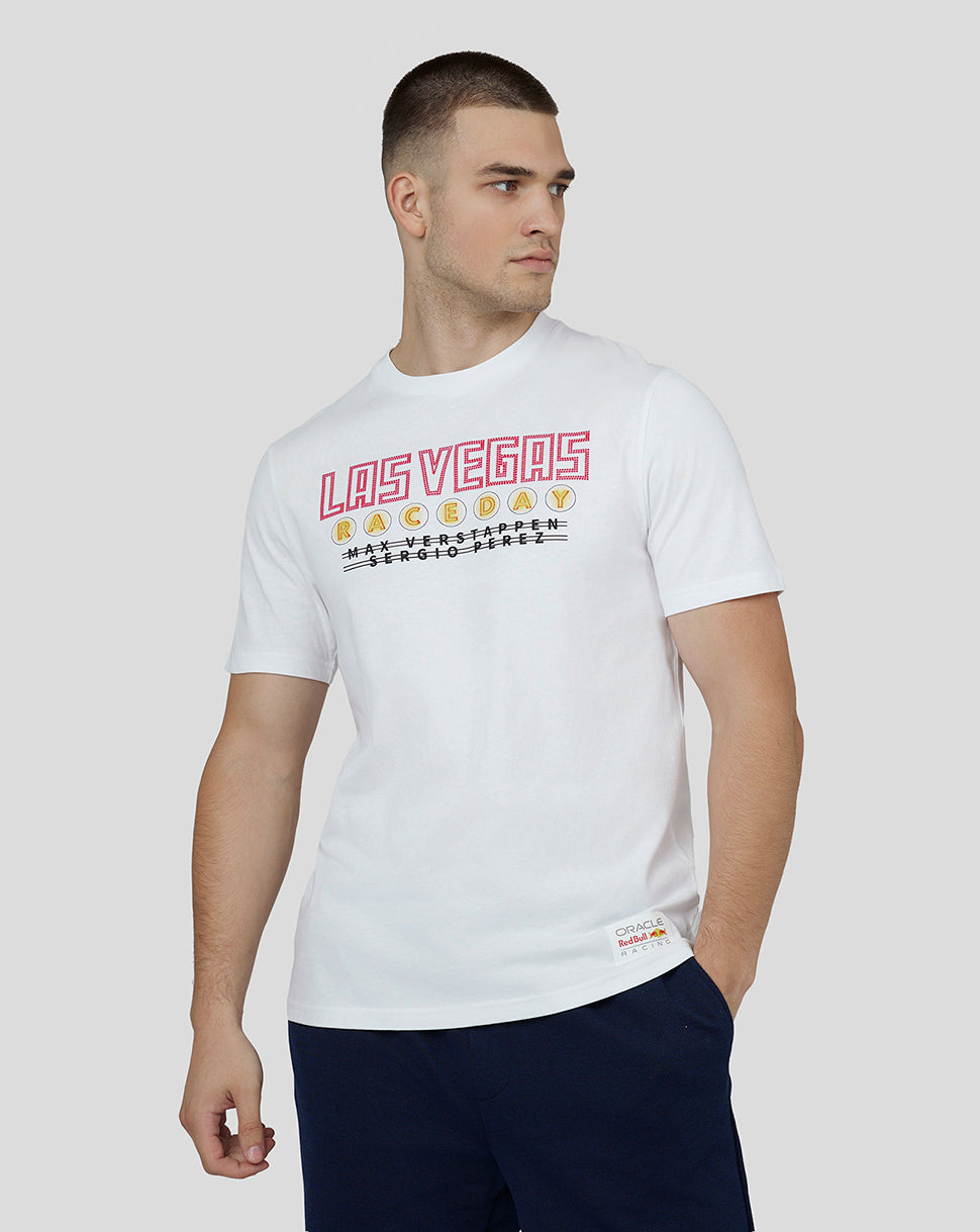 White short sleeve T shirt with Las Vegas graphic on chest worn by a male model