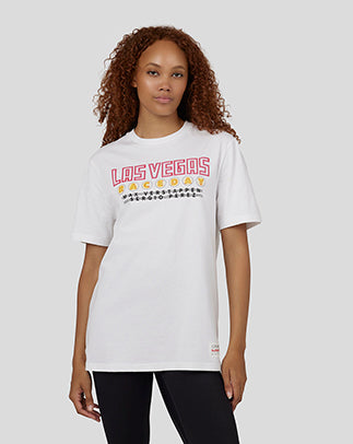White short sleeve T shirt with Las Vegas graphic on chest worn by a female model