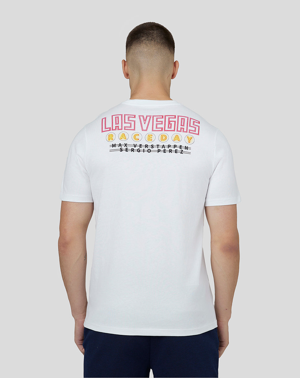 Back view of white Las Vegas graphic T shirt showing the design across the upper back