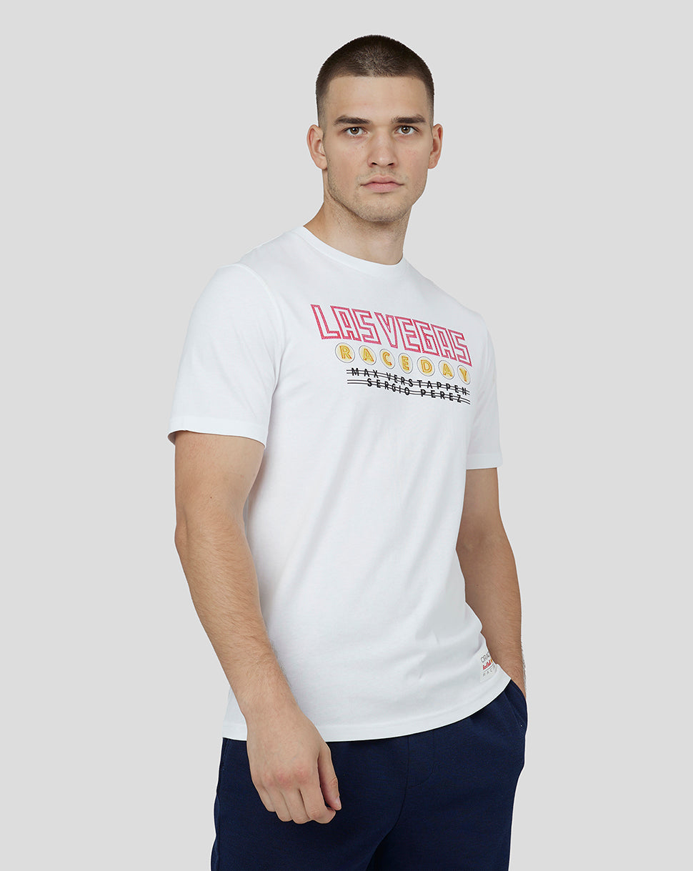 Male model wearing white Las Vegas graphic T shirt from Oracle Red Bull Racing