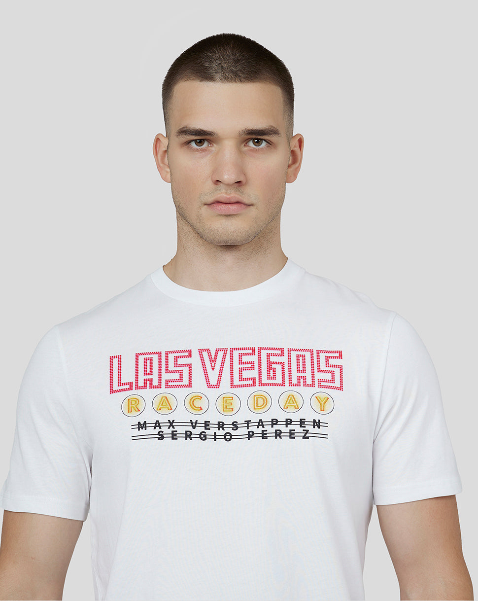 Close up of white Las Vegas graphic T shirt from Oracle Red Bull Racing on a male model