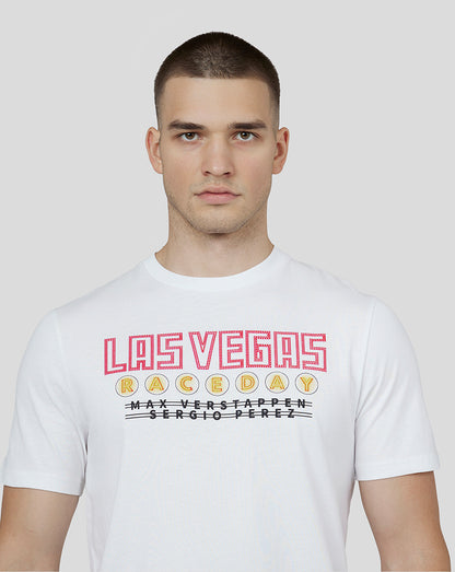 Close up of white Las Vegas graphic T shirt from Oracle Red Bull Racing on a male model