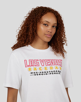 Female model wearing white Las Vegas graphic T shirt from Oracle Red Bull Racing