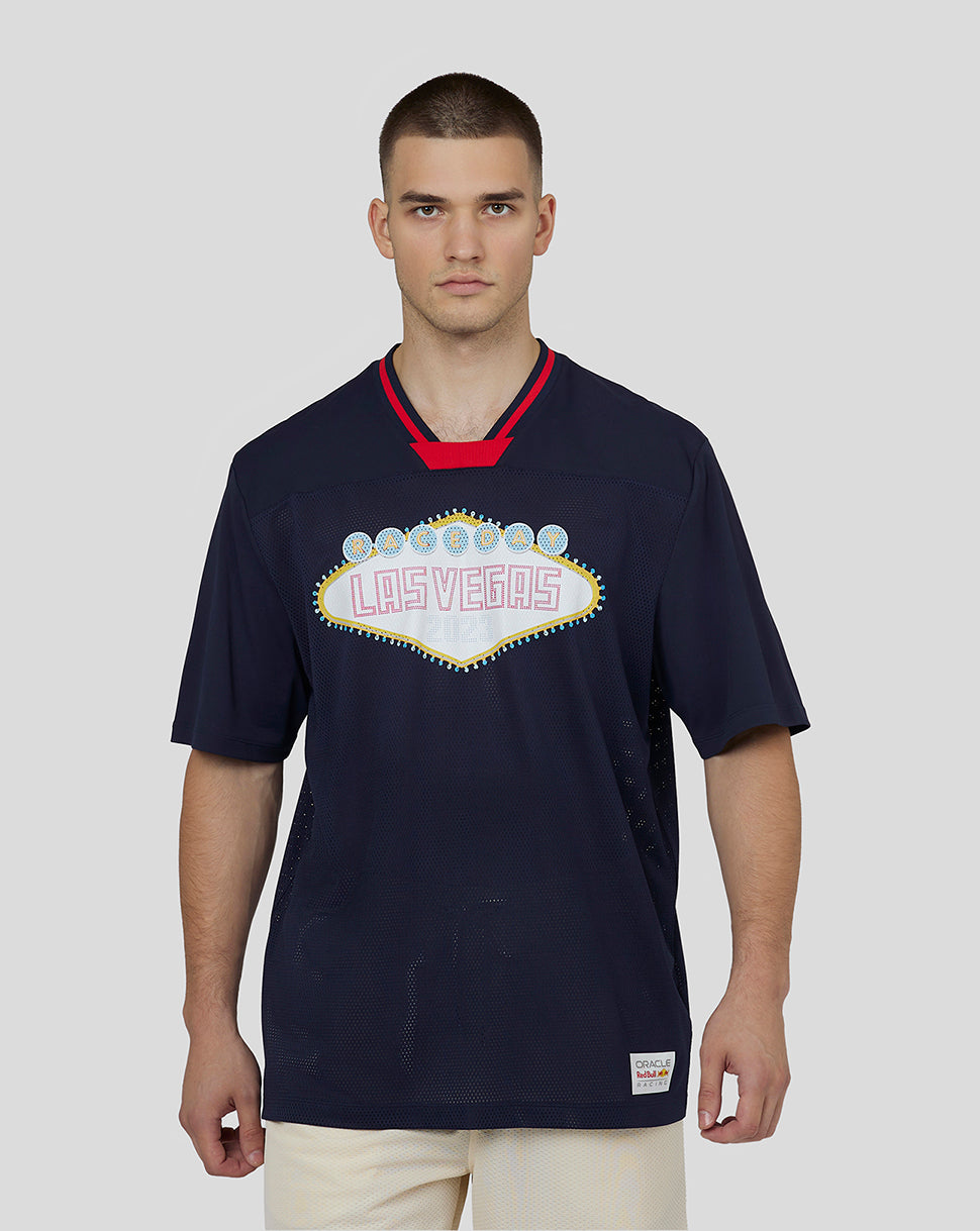Oracle Red Bull Racing unisex Las Vegas football jersey in navy mesh fabric with neon Las Vegas sign graphic.