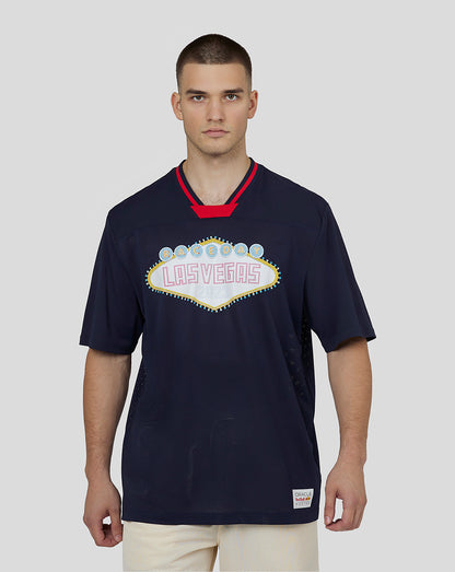 Oracle Red Bull Racing unisex Las Vegas football jersey in navy mesh fabric with neon Las Vegas sign graphic.