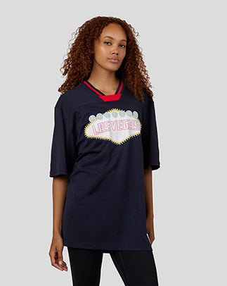 Navy Oracle Red Bull Racing Vegas American Football Jersey worn by a model with Las Vegas graphic on the chest