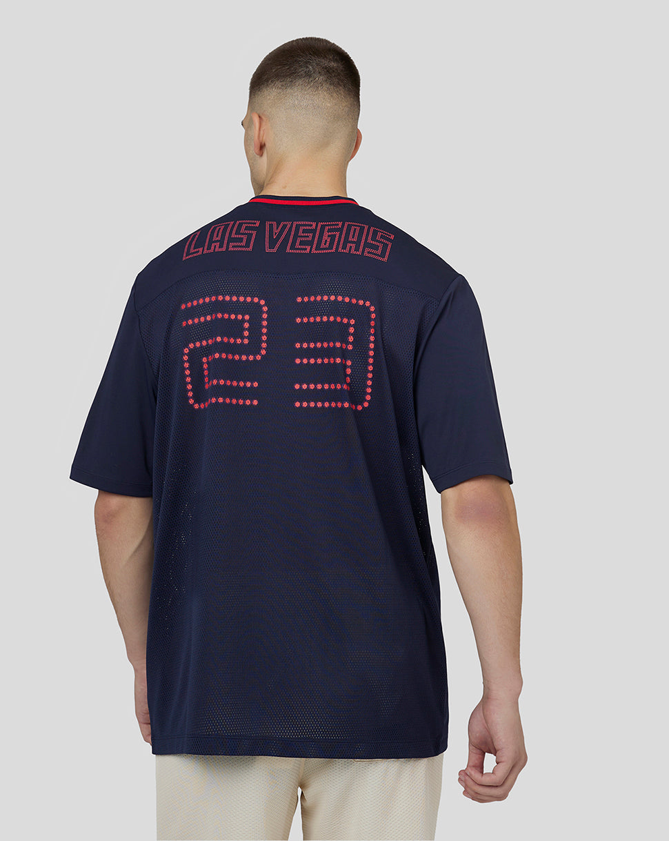 Back view of a navy Vegas American Football Jersey with Las Vegas lettering across the shoulders and a dotted 23 on the back