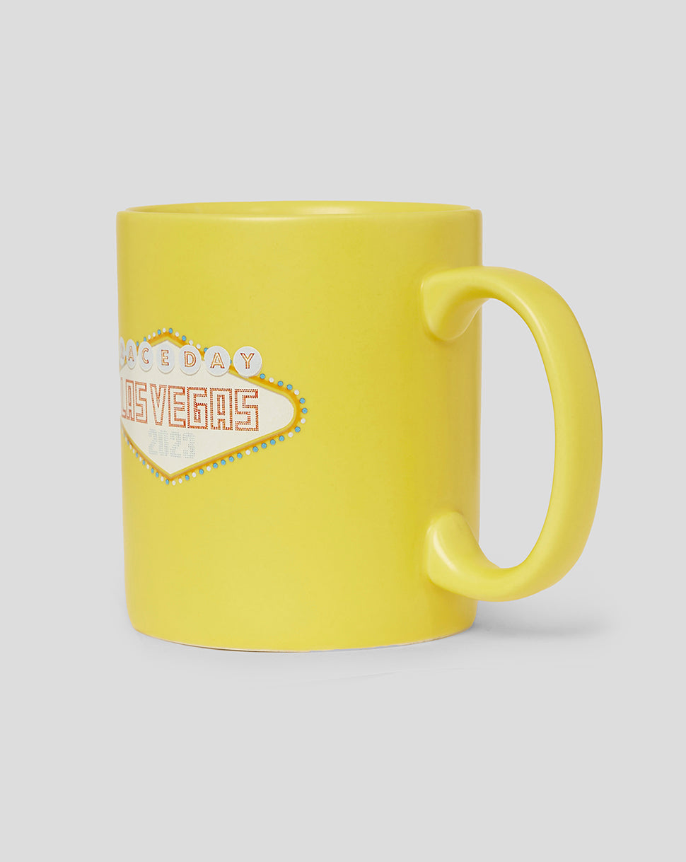 Bright yellow Oracle Red Bull Racing Las Vegas mug with retro sign graphic.