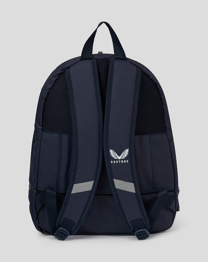 Back view of peacoat navy Castore backpack with padded shoulder straps and top handle.