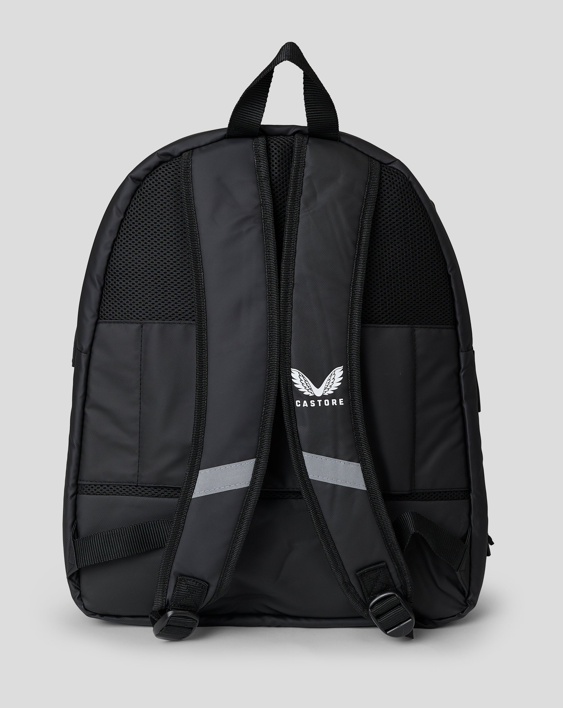 Back view of a black backpack with padded mesh straps and a top handle