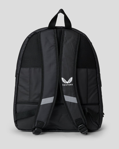 Back view of a black backpack with padded mesh straps and a top handle