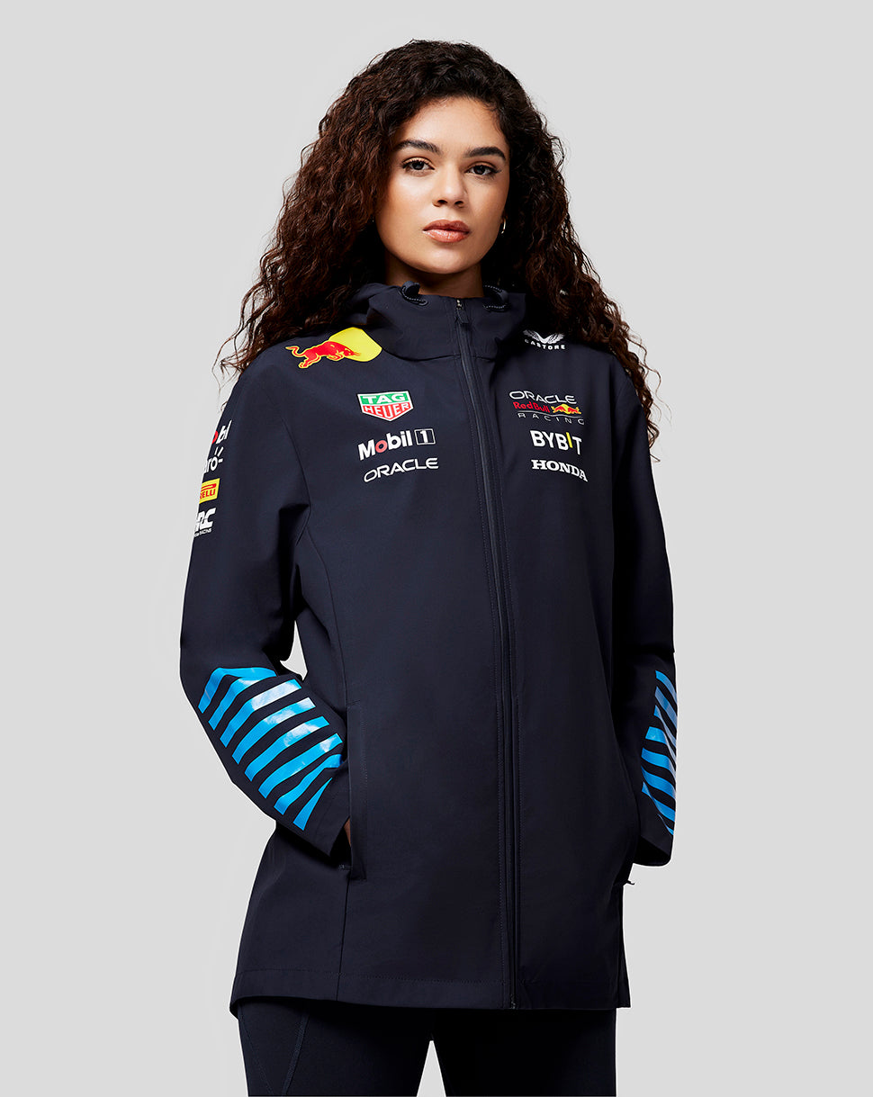 Female model in navy water resistant jacket with sponsor logos on chest and sleeve and blue striped cuffs