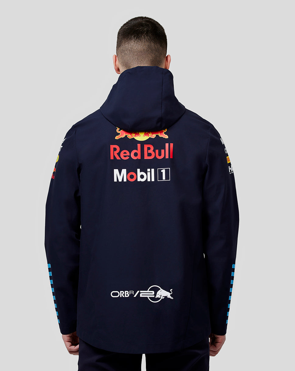 Back view of a navy Oracle Red Bull Racing jacket with large Red Bull and Mobil 1 logos and a hood