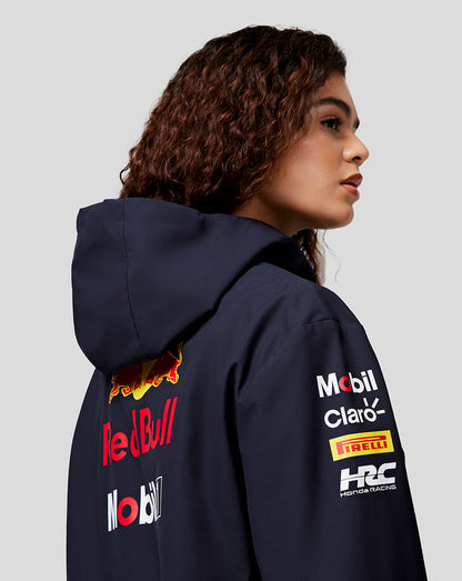 Side back view of a navy Oracle Red Bull Racing jacket on a model, showing large back branding and blue stripe details on the sleeve