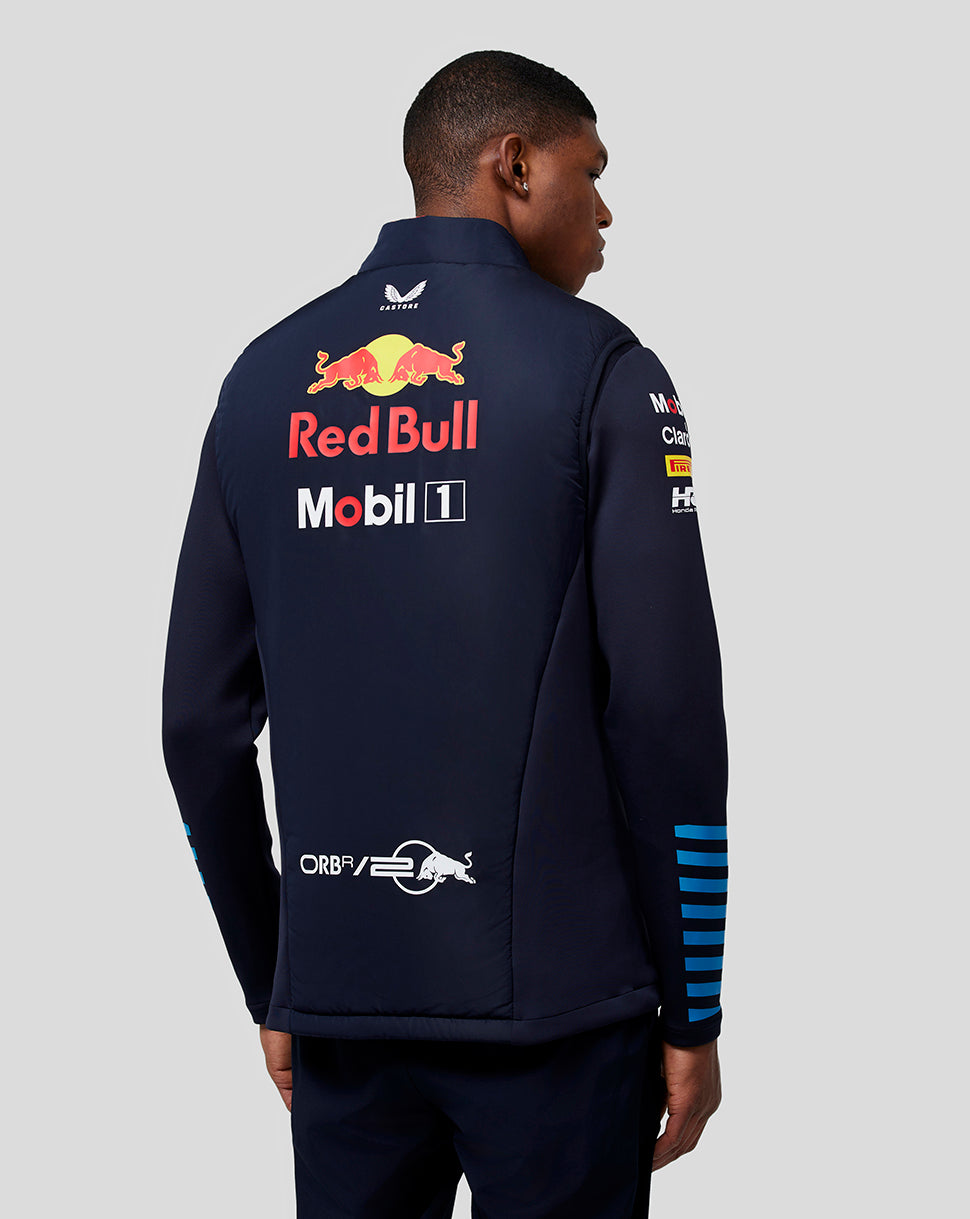 Back view of a navy Night Sky Oracle Red Bull Racing Hybrid Gilet with large Red Bull and Mobil 1 logos.