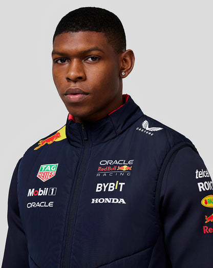 Male model wearing navy Oracle Red Bull Racing team gilet with sponsor logos