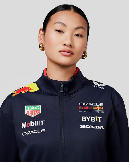 Night Sky navy Oracle Red Bull Racing soft shell jacket shown on a model with front sponsor logos.