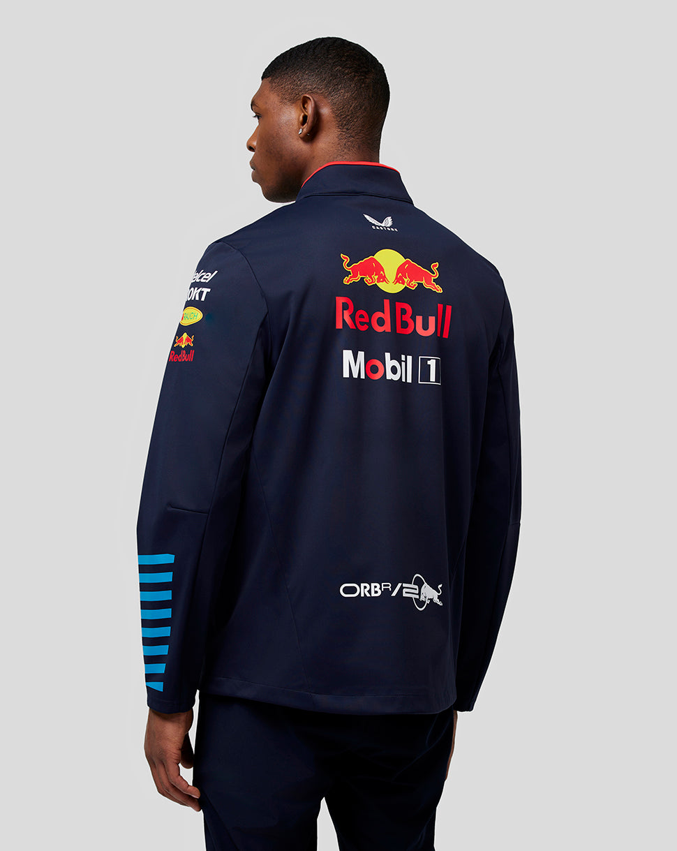 Navy Oracle Red Bull Racing soft shell jacket shown from the back with a large Red Bull logo and sponsor graphics