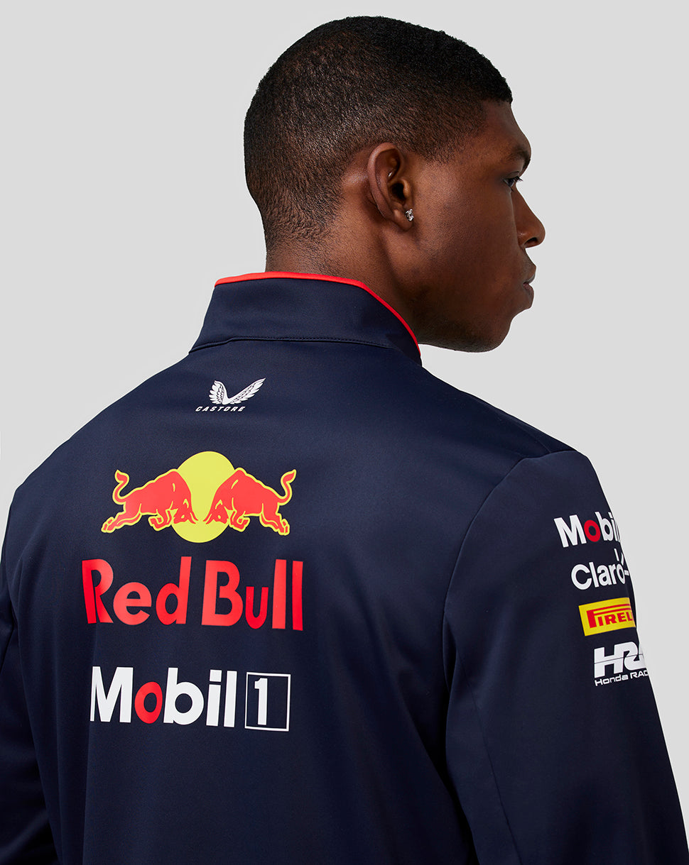 Back view of Night Sky Oracle Red Bull Racing soft shell jacket with large Red Bull logo and sponsor decals.