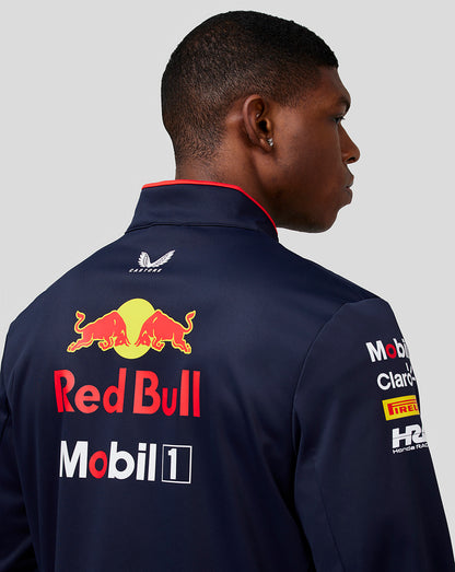 Back view of Night Sky Oracle Red Bull Racing soft shell jacket with large Red Bull logo and sponsor decals.