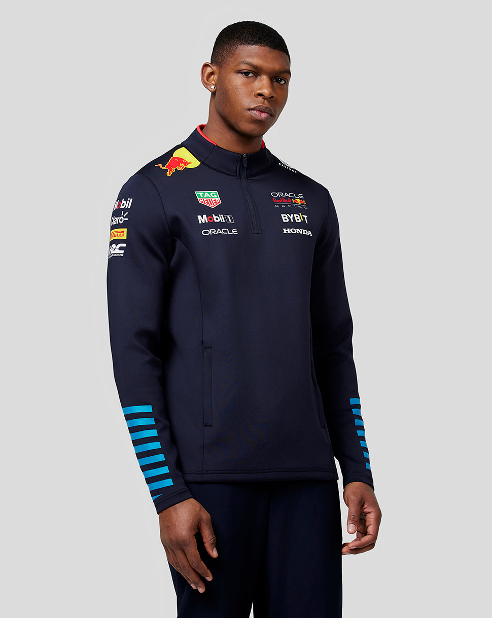 Navy unisex quarter zip midlayer with Red Bull Racing logos worn by model