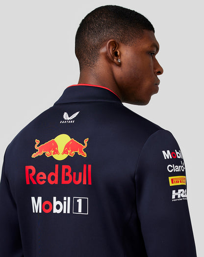 Back view close up of a navy team midlayer showing Red Bull branding on the back and sleeve logos including Mobil 1 and Pirelli
