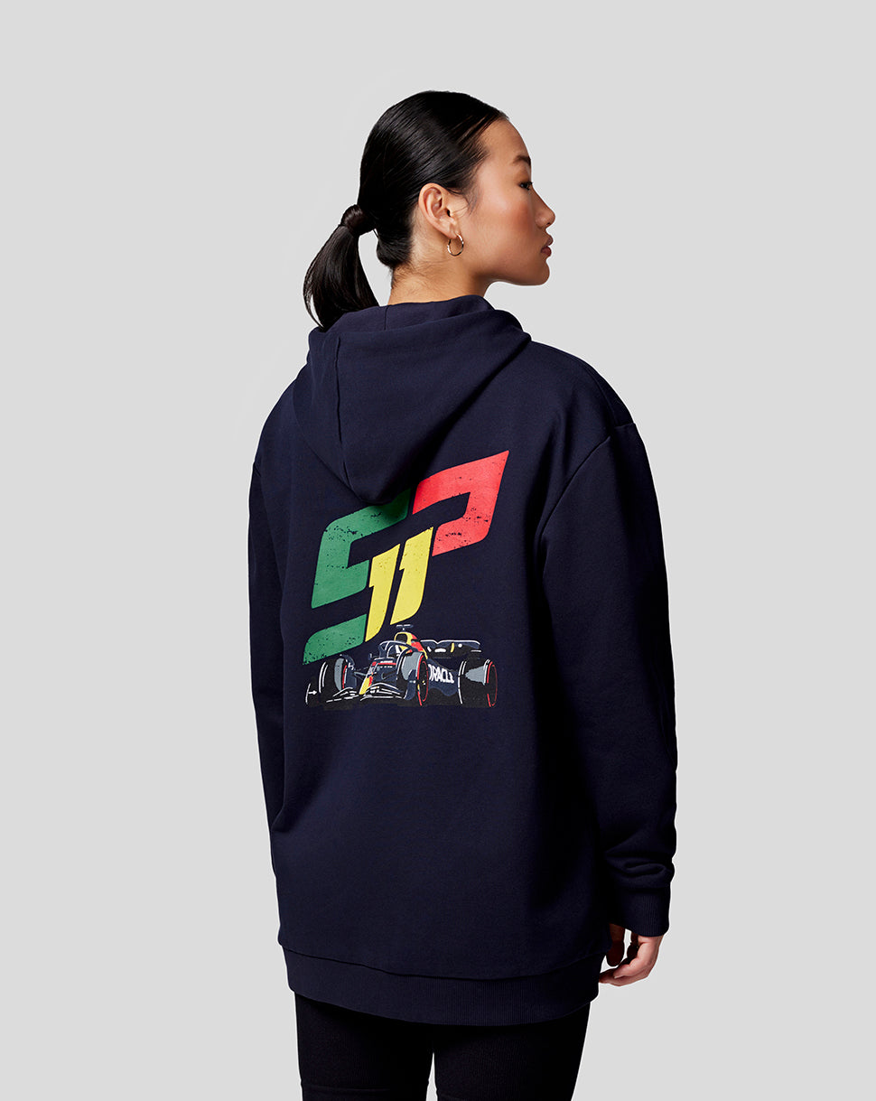 Back view of a navy Oracle Red Bull Racing Checo Race Car Zip Hoodie with a bold colorful SP11 graphic and race car illustration on the back