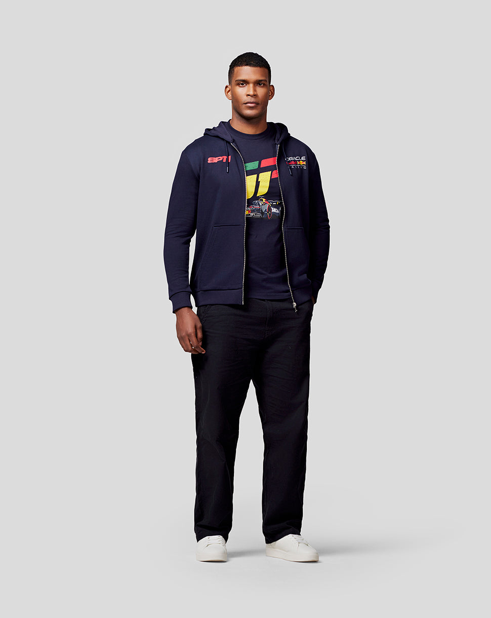 Male model wearing navy Checo Race Car Zip Hoodie with red SP11 logo and Oracle Red Bull Racing emblem on the chest and a front zipper