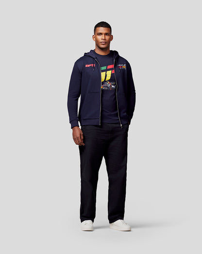 Male model wearing navy Checo Race Car Zip Hoodie with red SP11 logo and Oracle Red Bull Racing emblem on the chest and a front zipper