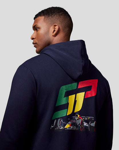 Back view of a navy Checo Race Car Zip Hoodie showing a large distressed SP11 graphic with a racing car illustration