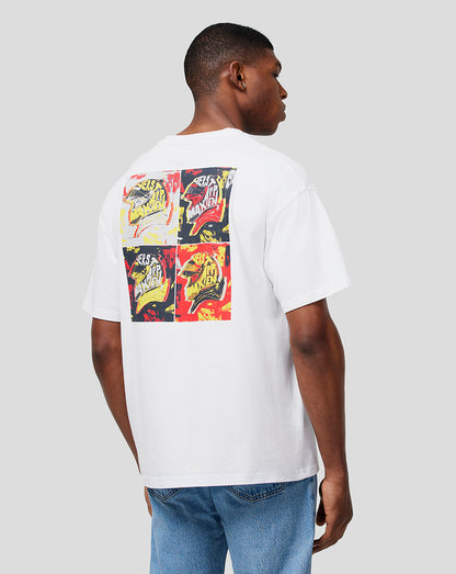 Man seen from the back wearing a white oversized Oracle Red Bull Racing Max Pop Art tee with a four panel back print