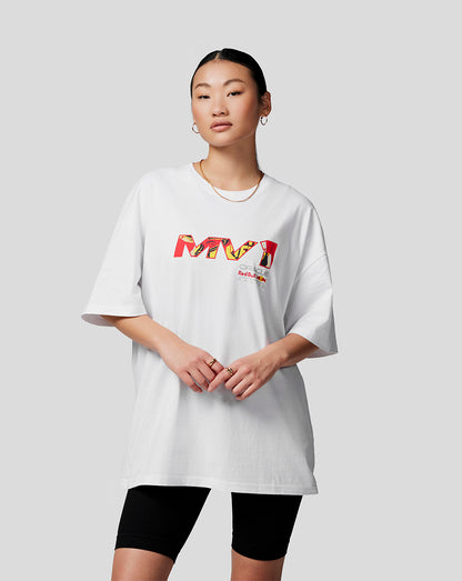 Woman wearing white oversized Oracle Red Bull Racing Max Pop Art tee with a bold front graphic