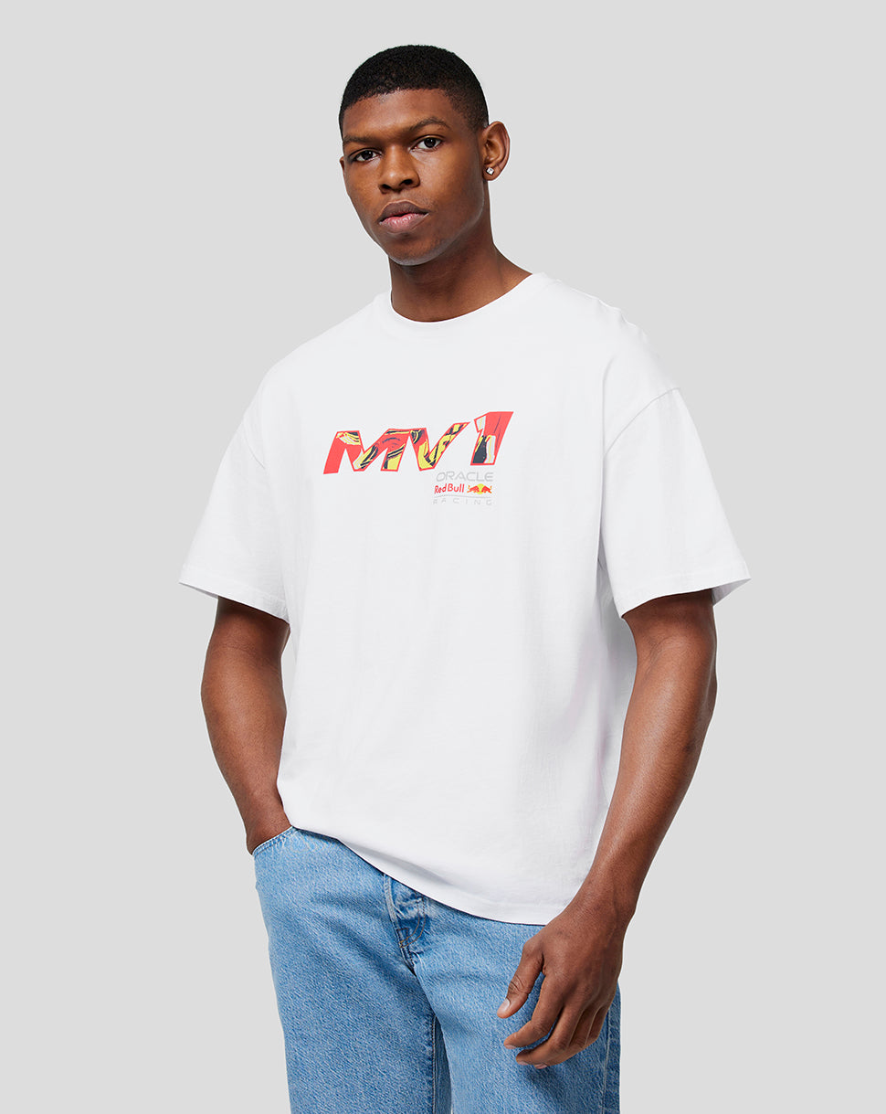 White oversized unisex Max Pop Art tee with colorful MV graphic on front