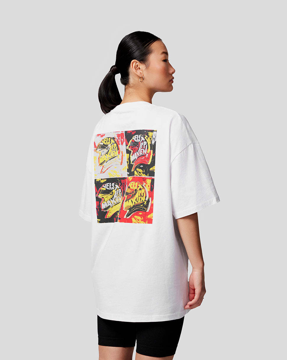 Back view of a woman in a white oversized Oracle Red Bull Racing Max Pop Art tee featuring a four panel pop art graphic