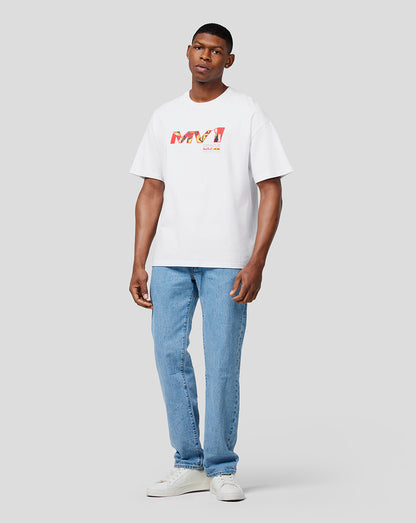 Full body front view of a man wearing a white oversized Oracle Red Bull Racing tee with a centered pop art print