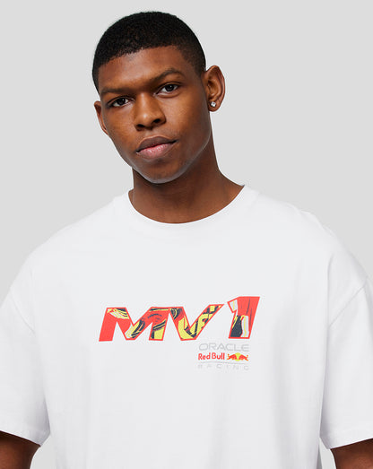 Front view of a man in a white oversized Oracle Red Bull Racing tee with a bold pop art graphic on the chest