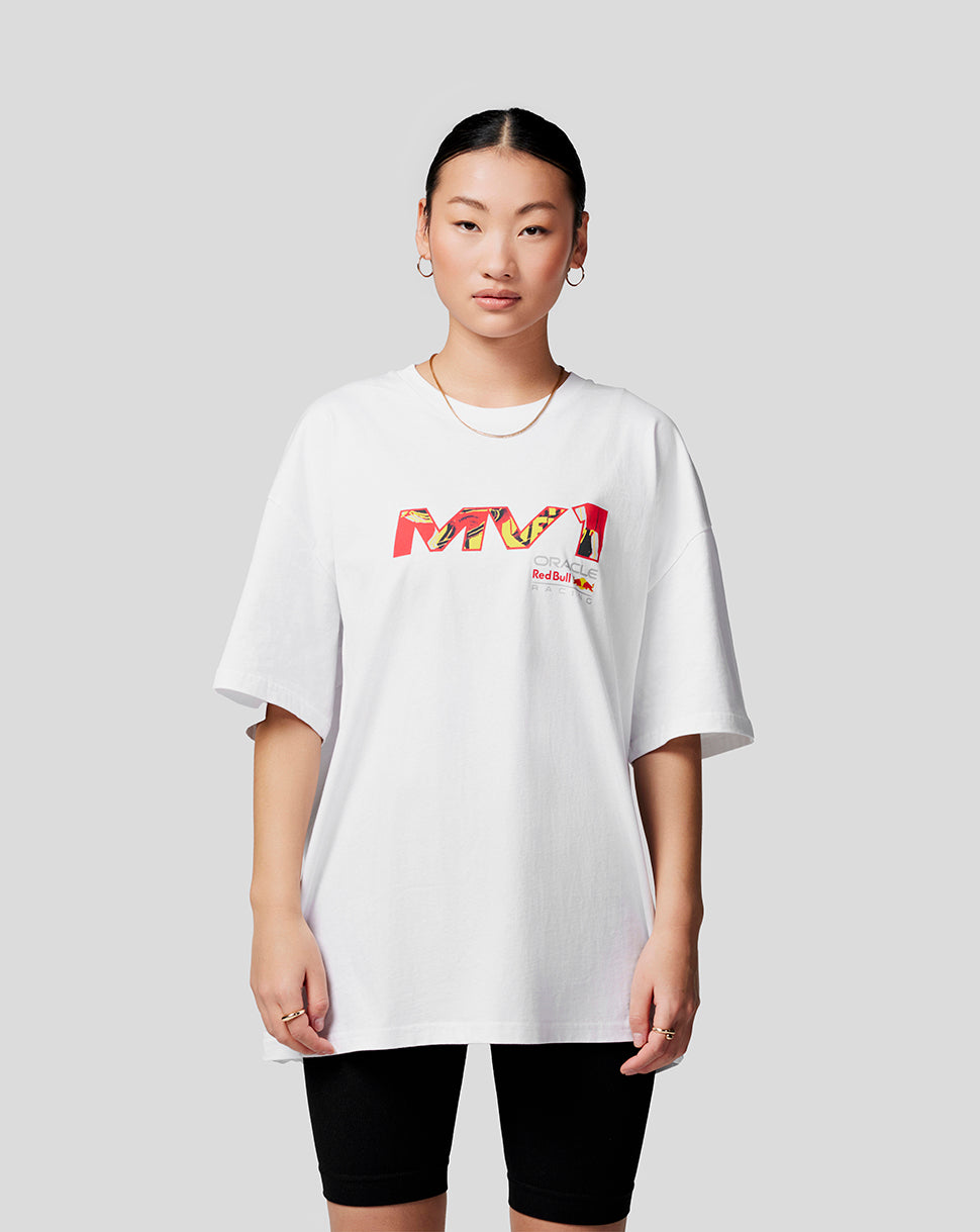 Model wearing bright white unisex Max Pop Art oversized tee with a bold front graphic.