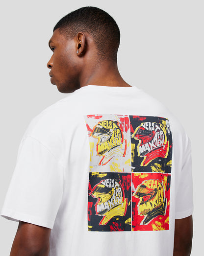 Back view of a man wearing a bright white oversized Oracle Red Bull Racing tee with a pop art graphic on the back