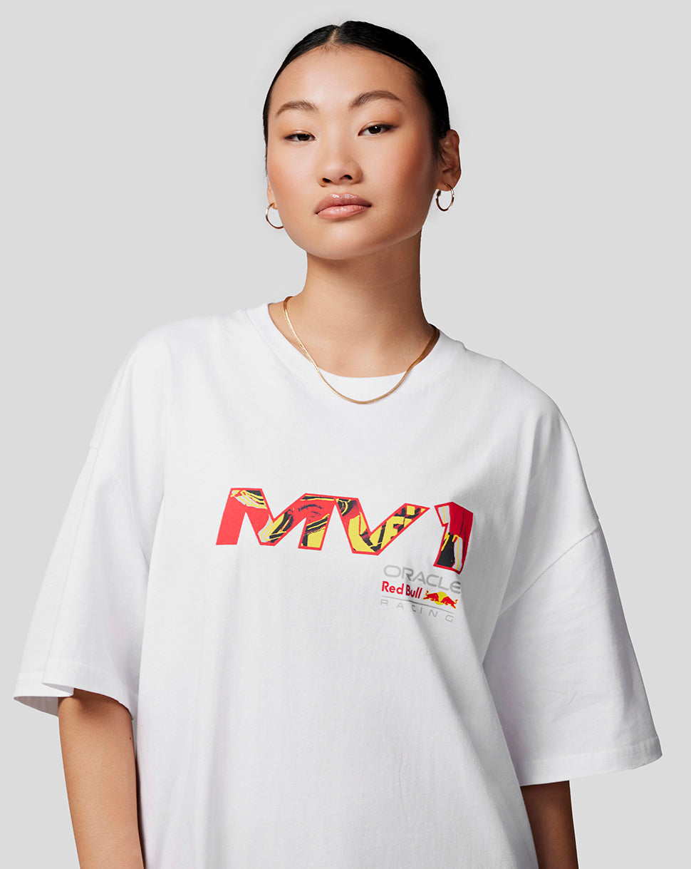Front view of a model in a bright white oversized Max Pop Art tee with front graphic.