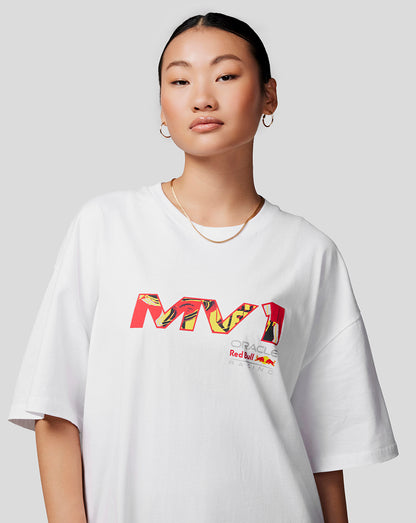 Front view of a model in a bright white oversized Max Pop Art tee with front graphic.