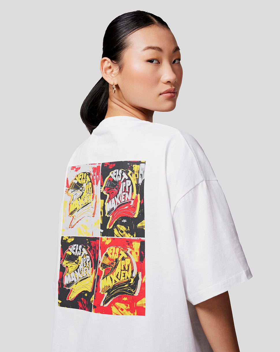 Back view of a white Max Pop Art oversized tee with a colorful four panel print.