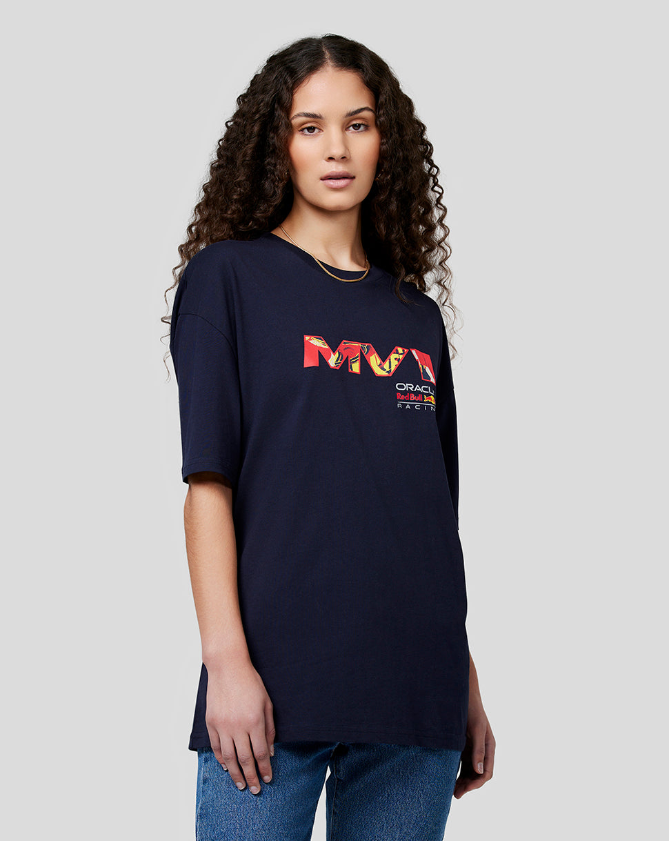 Navy oversized unisex tee with a bold front pop art graphic worn by a model