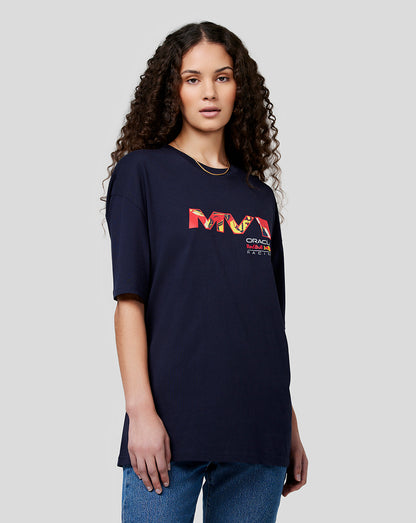 Navy oversized unisex tee with a bold front pop art graphic worn by a model