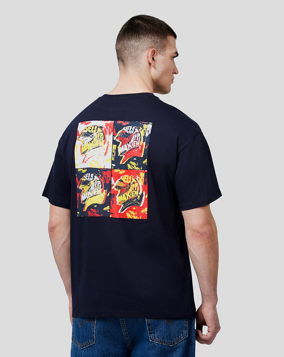 Back view of navy oversized tee showcasing a four panel pop art graphic on the back