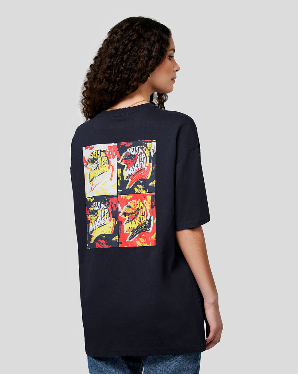 Side rear angle of navy oversized tee highlighting the back pop art graphic panel