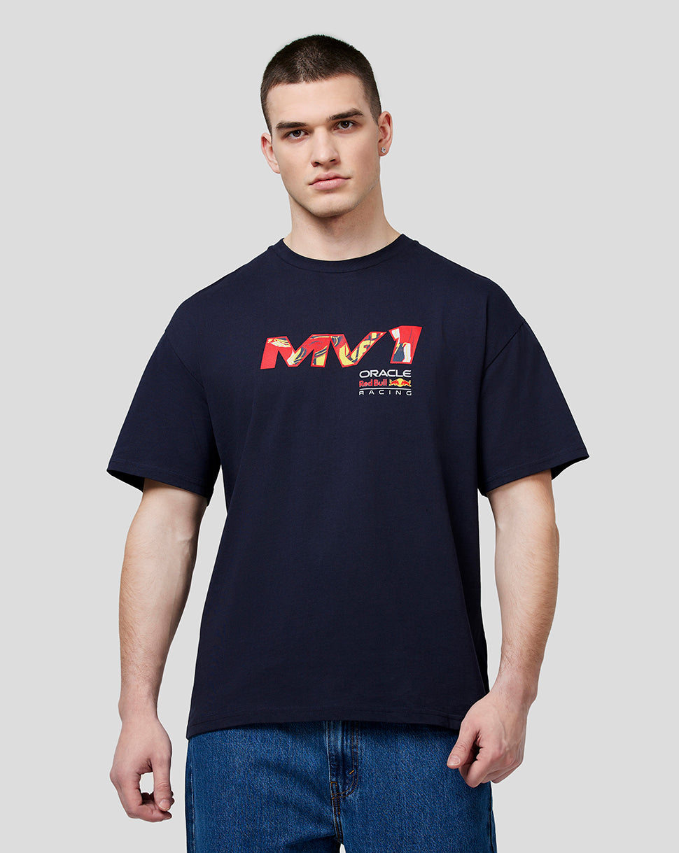 Front view of a model wearing a navy Max Pop Art Oversized Tee with a bold colorful graphic on the chest.