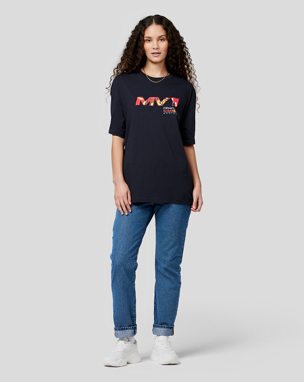 Navy Oracle Red Bull Racing Max Pop Art oversized unisex tee with a bold multicolor graphic on the front and back