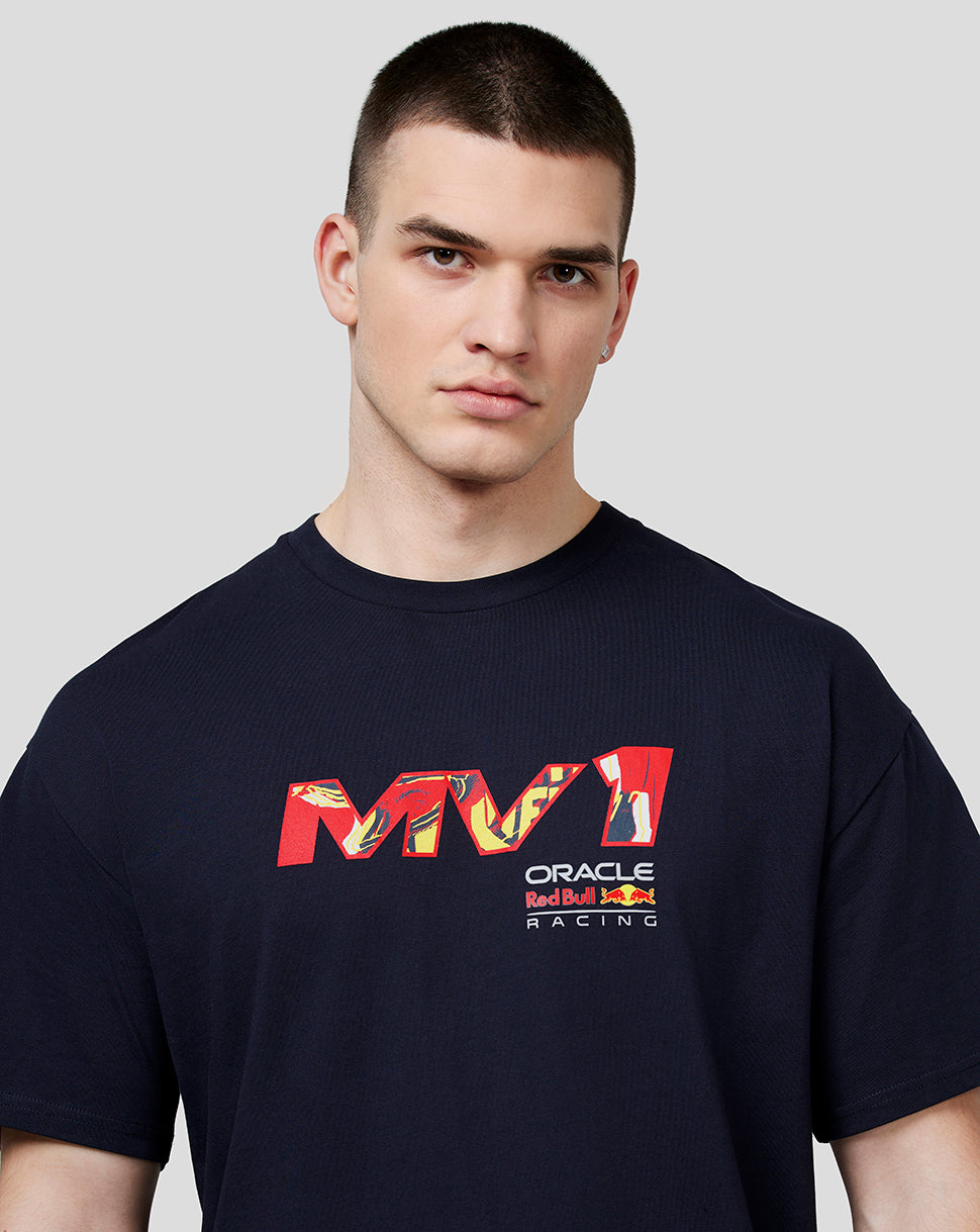 Front view of navy oversized Max Pop Art Tee with bold colorful front graphic logo.
