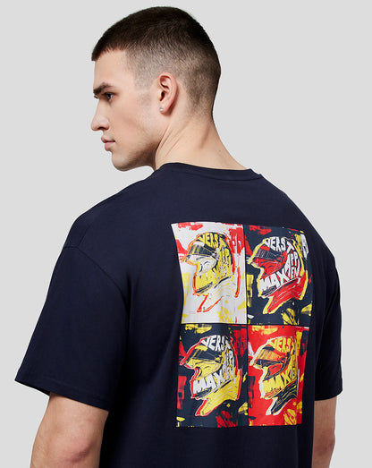 Model wearing navy oversized Max Pop Art Tee, back view shows a bright four panel pop art print.